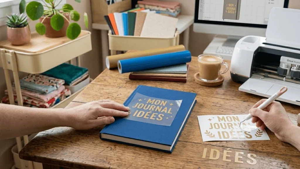Carnet bleu personnalisé « Mon journal idées » en vinyle doré, avec échenillage du motif près d'une Cricut