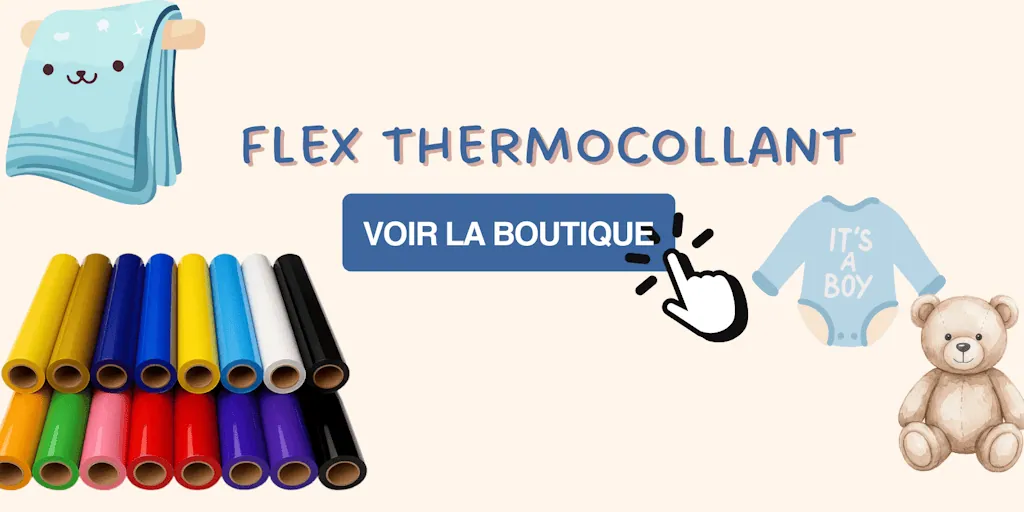 Flex thermocollant, voir la boutique : rouleaux de flex colorés, body bébé et ourson