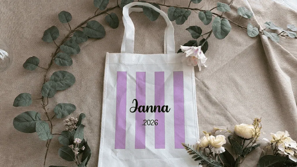 Tote bag blanc à rayures lilas personnalisé « Janna 2026 » en flex thermocollant noir