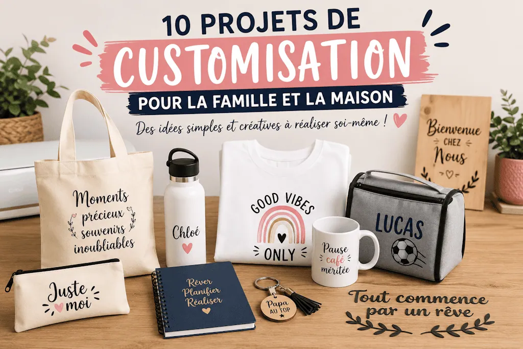 Bannière « 10 projets de customisation pour la famille et la maison » : tote bags, mugs, carnets et trousse personnalisés