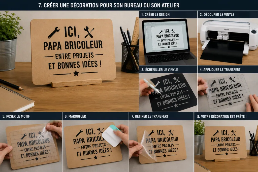 Tuto en 8 étapes : panneau kraft « Ici, papa bricoleur, entre projets et bonnes idées ! » en vinyle noir