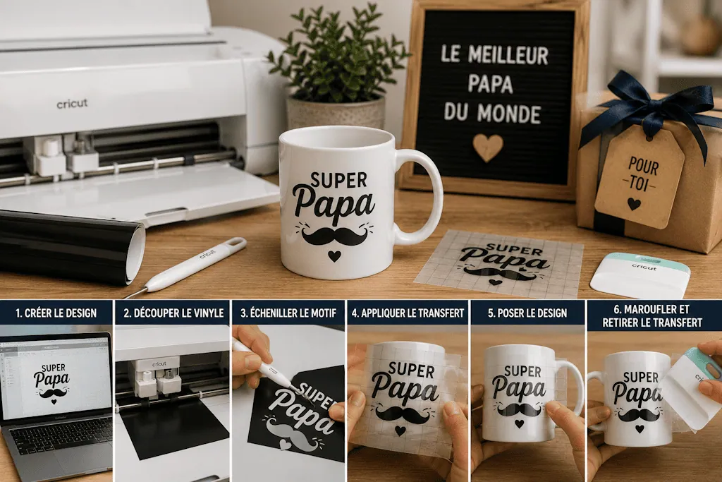 Tuto en 6 étapes : mug blanc « Super Papa » à moustache en vinyle adhésif noir, posé avec du papier transfert