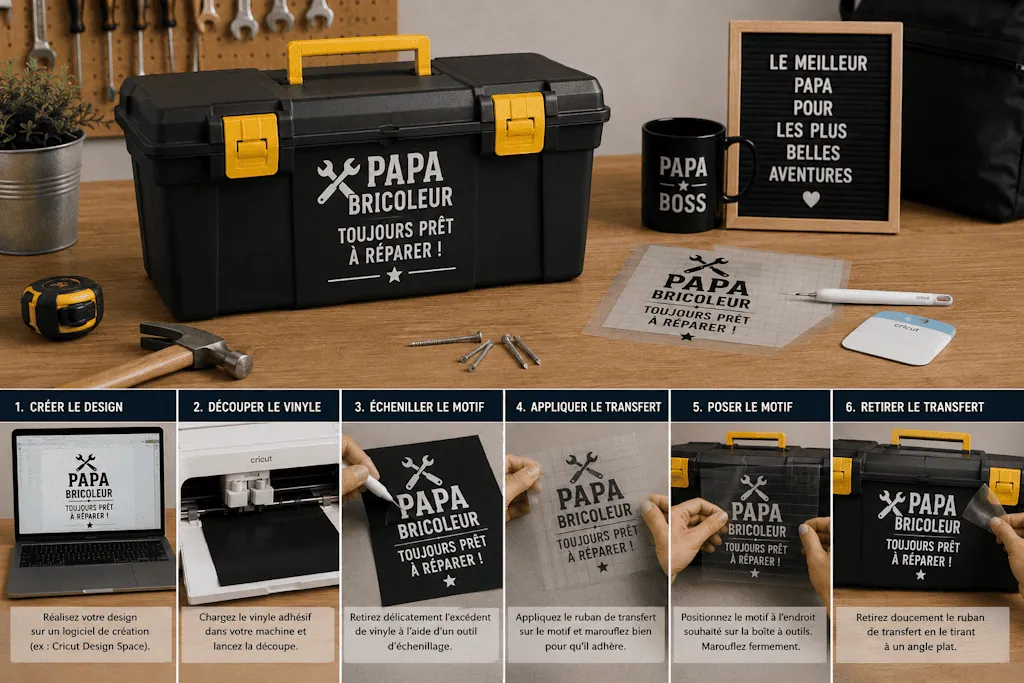 Tuto en 6 étapes : caisse à outils noire « Papa bricoleur, toujours prêt à réparer ! » en vinyle adhésif blanc
