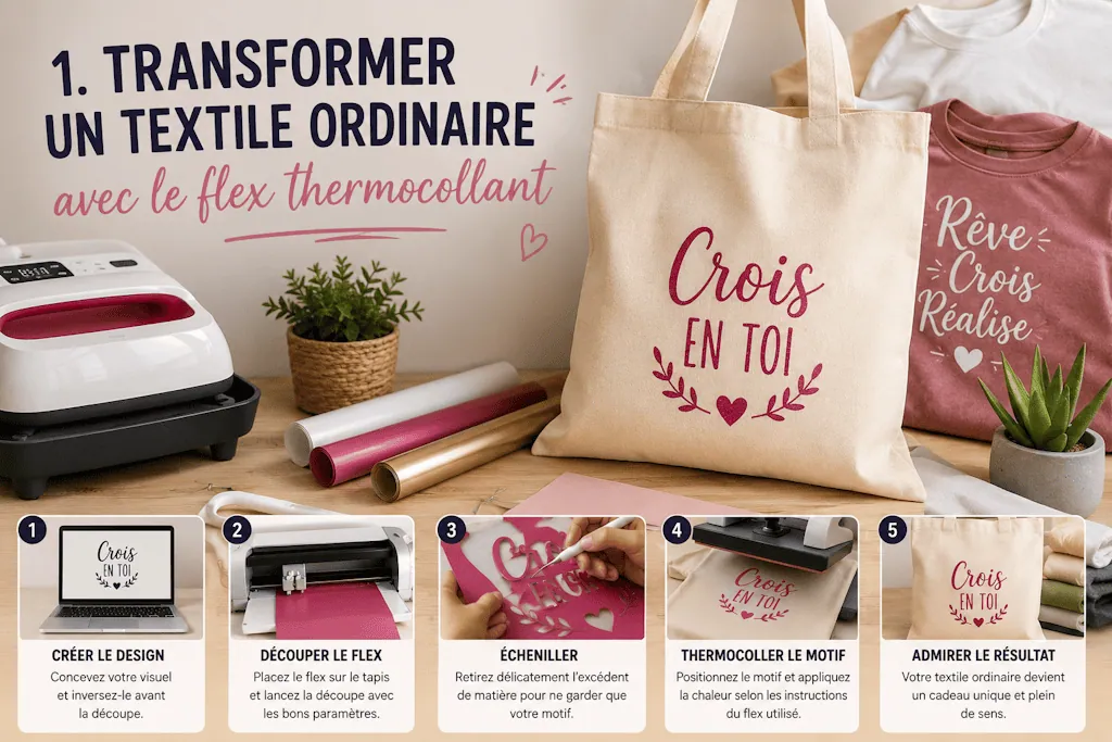 Tuto flex thermocollant : tote bag « Crois en toi » en flex pailleté rose, du design au thermocollage en 5 étapes