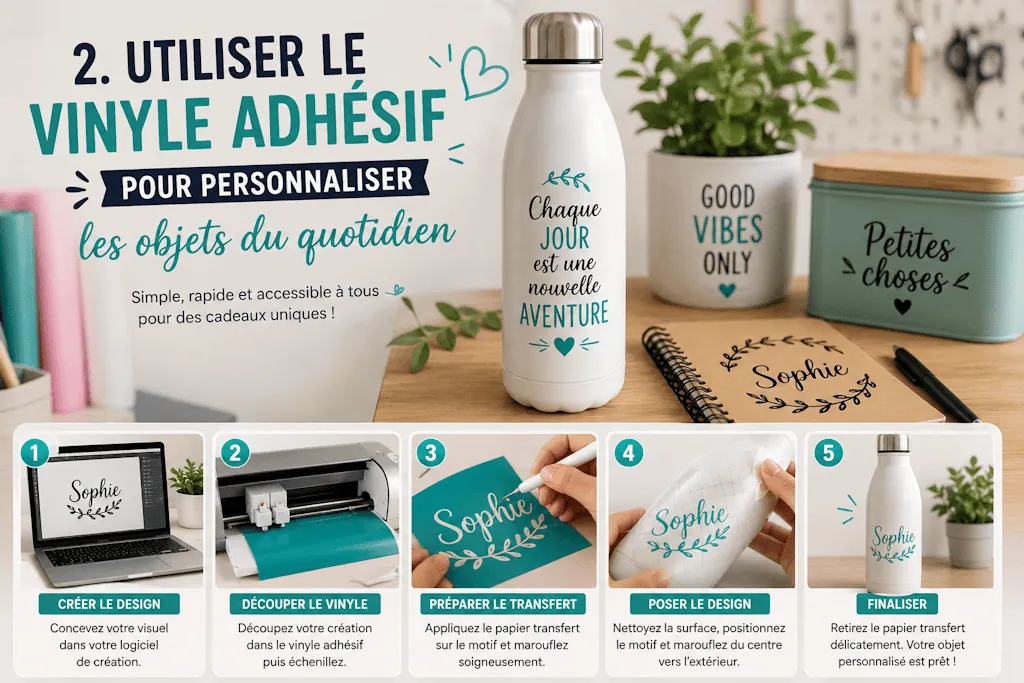 Tuto vinyle adhésif pour objets du quotidien : gourde, pot et carnet personnalisés, prénom Sophie en 5 étapes