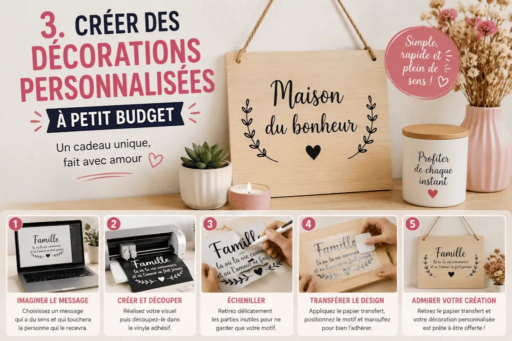 Tuto décorations à petit budget : plaque en bois « Maison du bonheur » et pot en vinyle adhésif, en 5 étapes