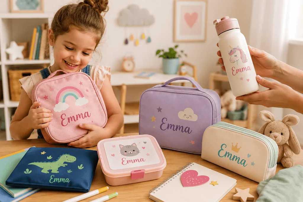 Fillette ravie avec ses affaires d'école au prénom Emma : lunch bags, boîte à goûter, trousse et gourde licorne