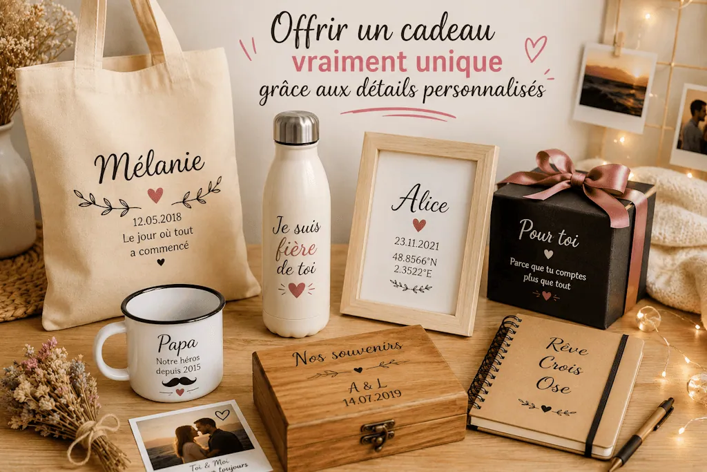 « Offrir un cadeau vraiment unique » : tote bag, gourde, cadre, mug, boîte et carnet aux textes personnalisés