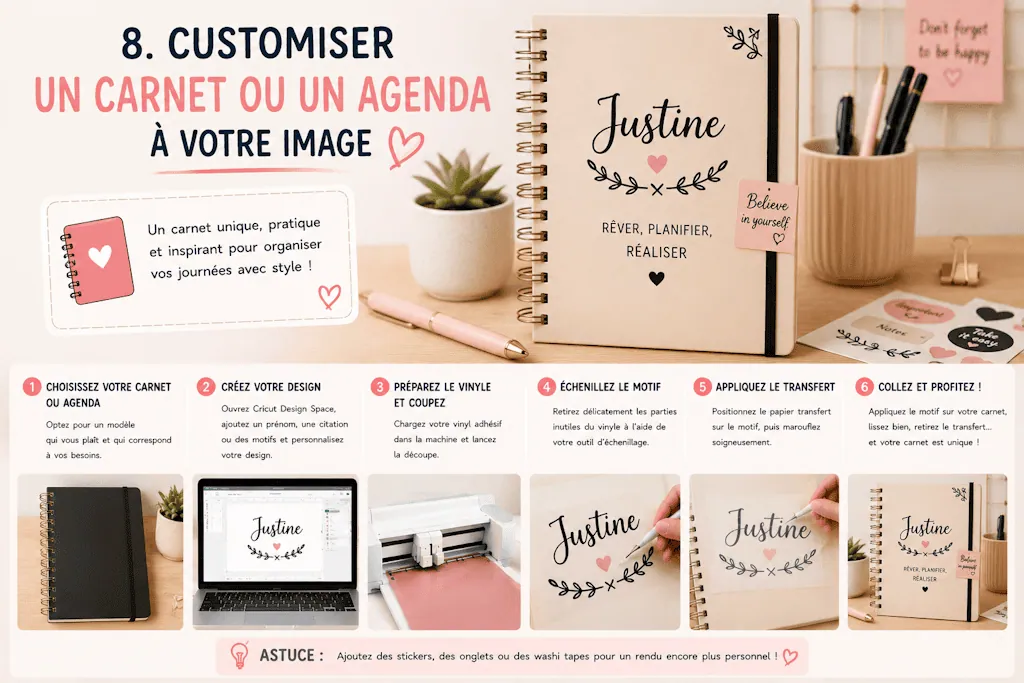 Tuto carnet « Justine, rêver, planifier, réaliser » personnalisé en vinyle adhésif avec Cricut Design Space